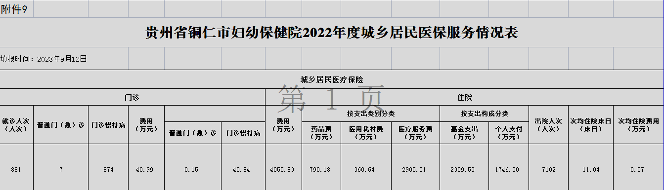 贵州省铜仁市妇幼保健院2022年度城乡居民医保服务情况表